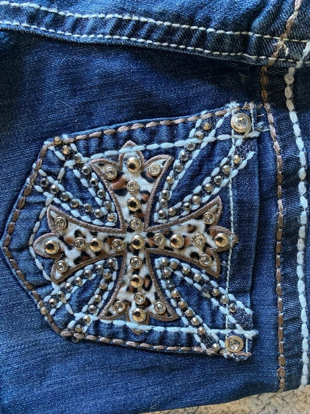 Miss Chic Dark Wash Denim Shorts Western Bling Cowgirl  & Cheetah Print - Picture 3 of 5